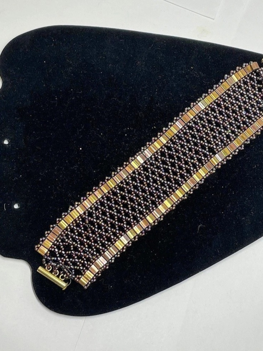 Artisan Woven Beaded Cuff Bracelet Iridescent Copper Maroon 8” Barrel Clasp